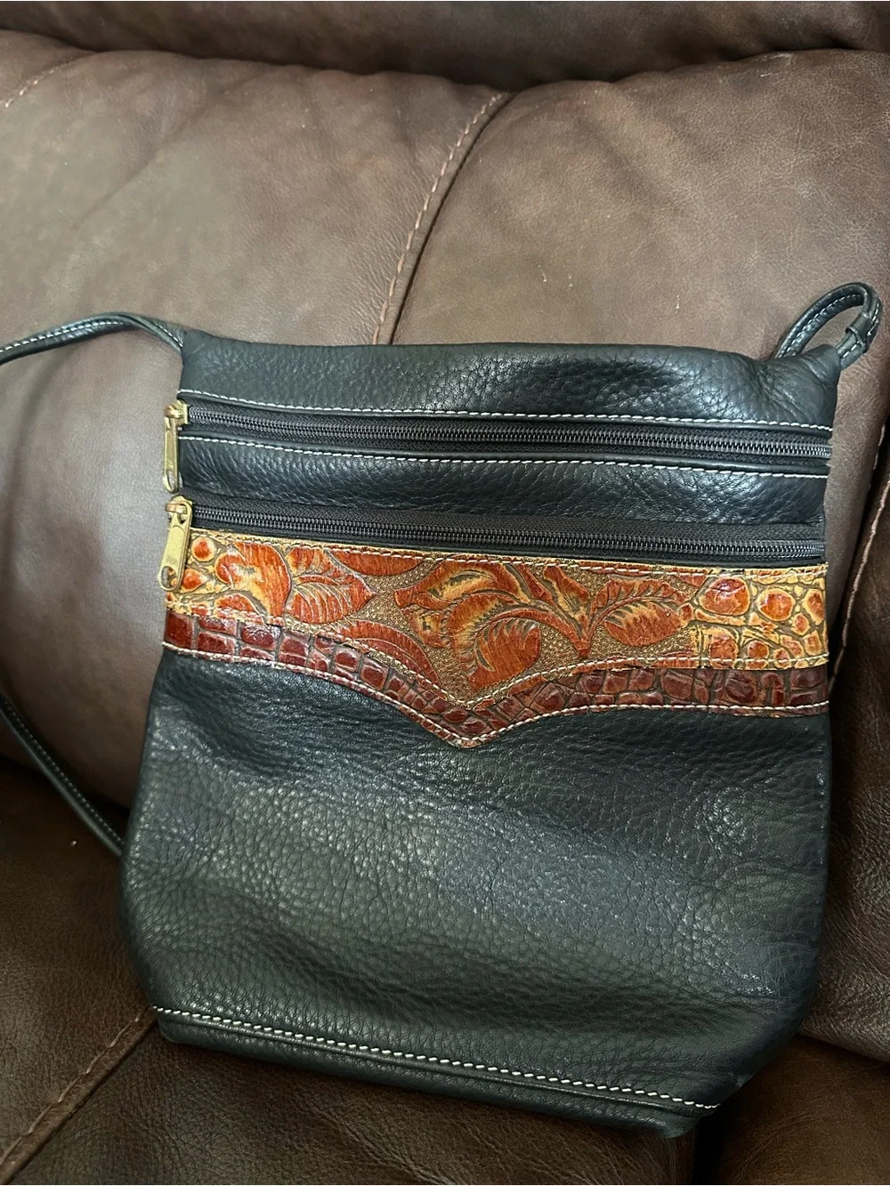 Leather western  Shoulder Bag with Embossed Floral Accent - Black & Orange